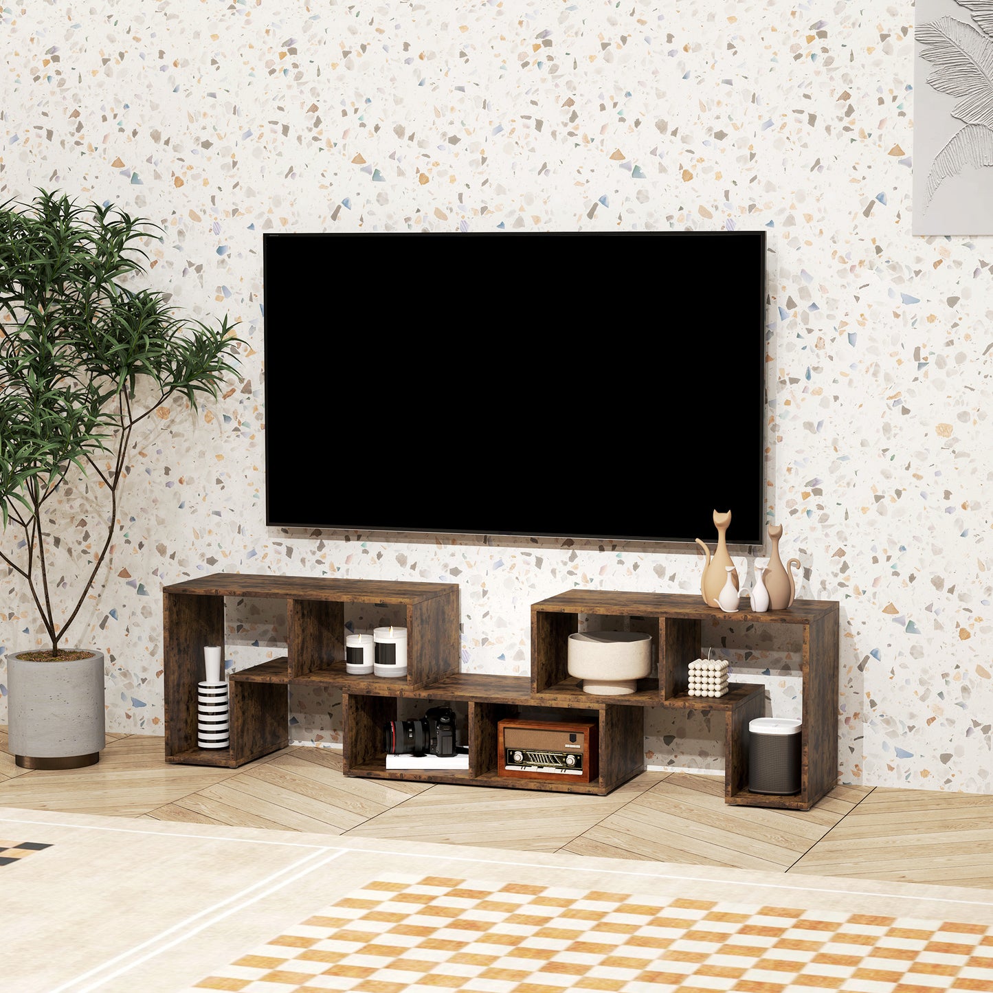 HOMCOM Three Block Modular TV Stand Rustic Brown With Two L Shaped And One Rectangular Block Six Shelves
