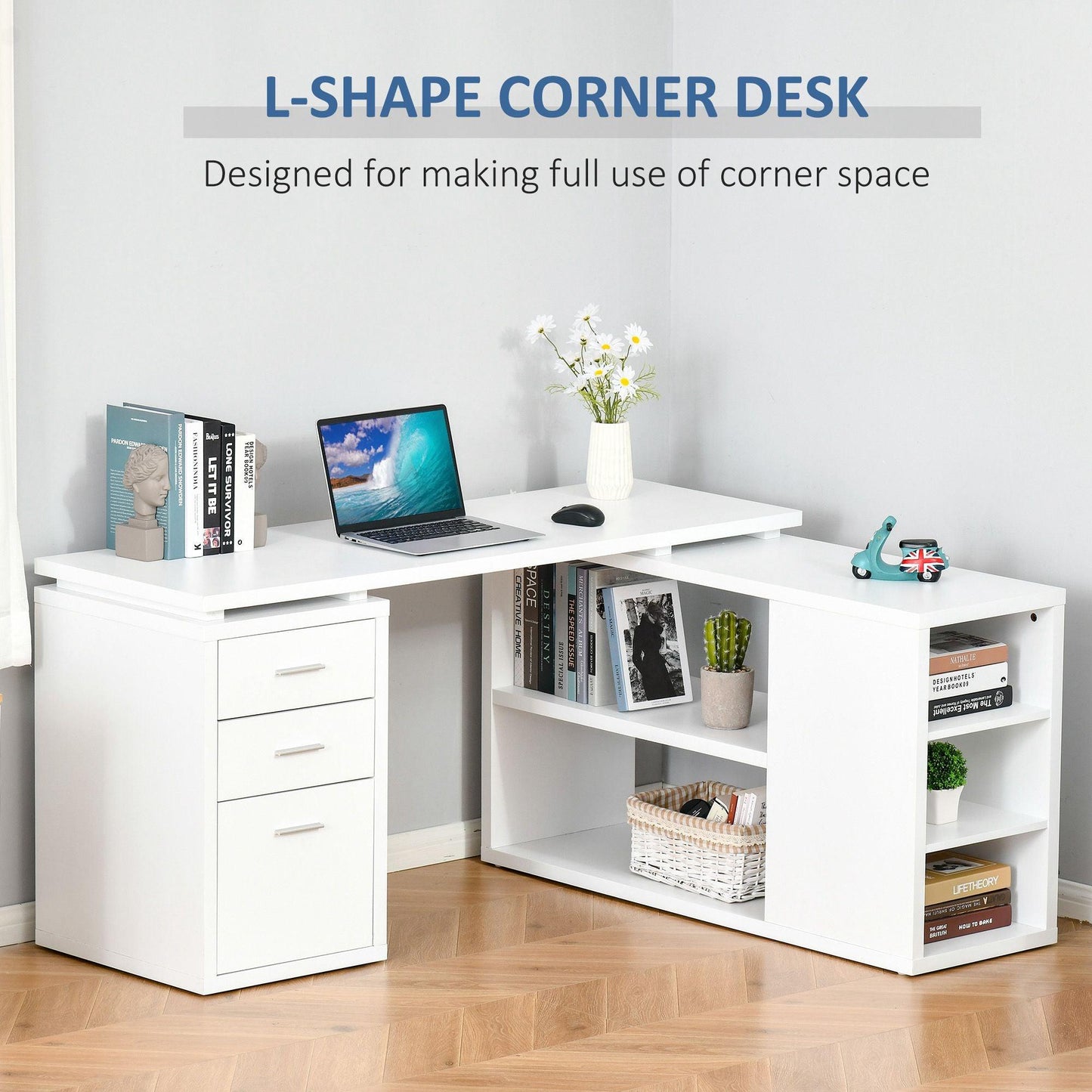 HOMCOM White L-Shaped Computer Desk with Storage Shelves and Drawers - ALL4U RETAILER LTD