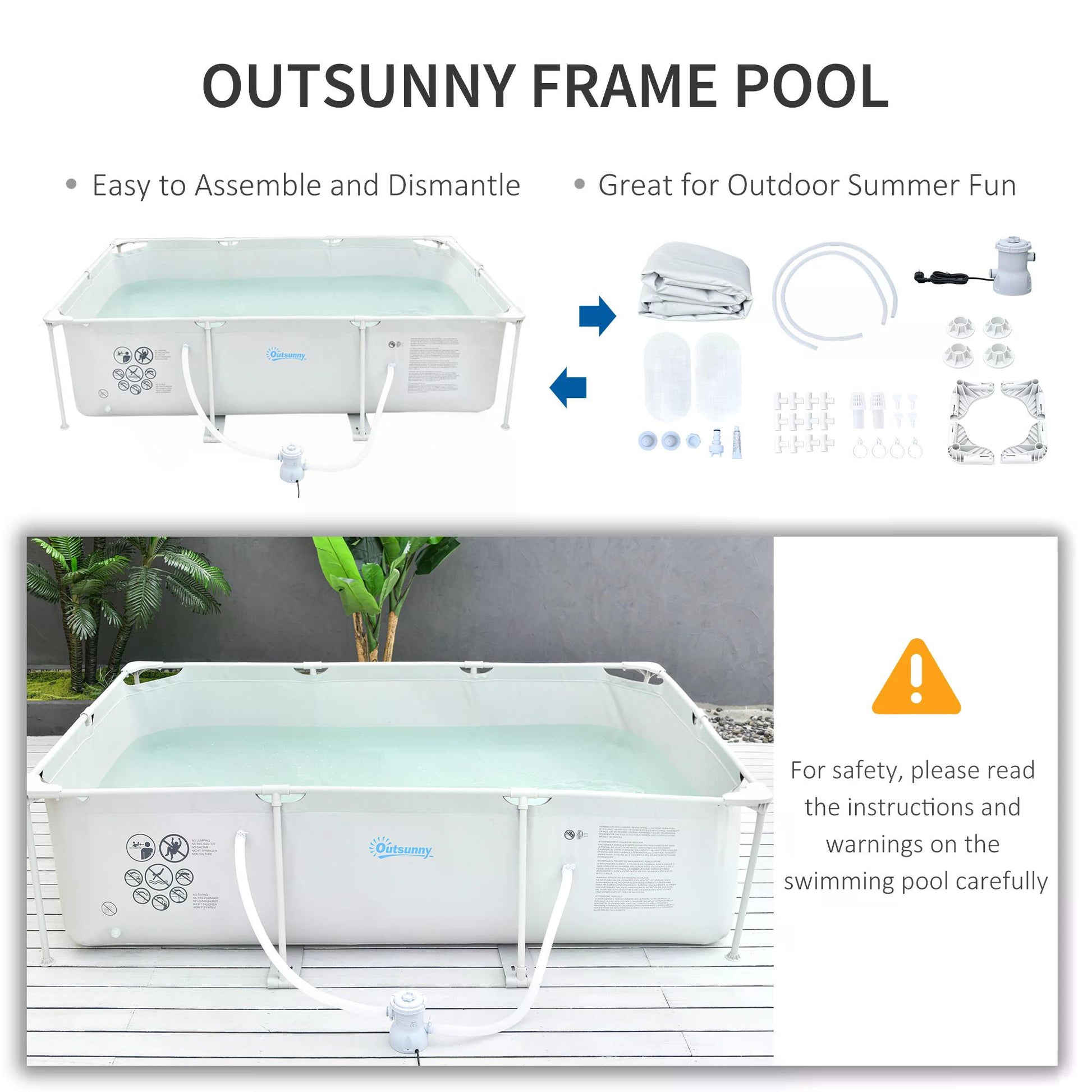 Outsunny 292cm x 190cm Grey Steel Frame Above Ground Pool with Filter Pump & Cartridge - Rust Resistant Design for Ultimate Summer Fun - ALL4U RETAILER LTD