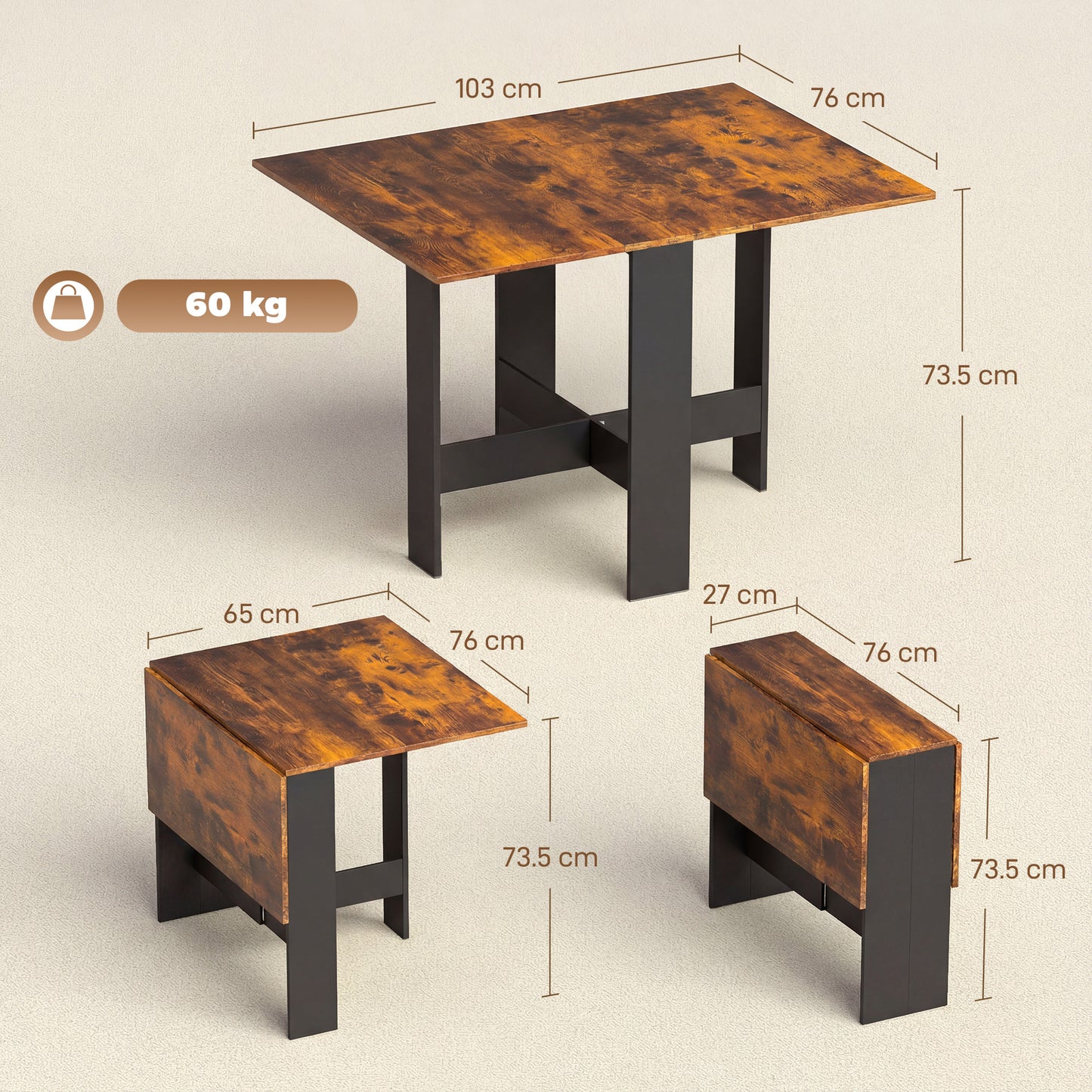 HOMCOM Folding Dining Table Space Saving Drop Leaf Kitchen Table For 4 To 6 People Rustic Brown