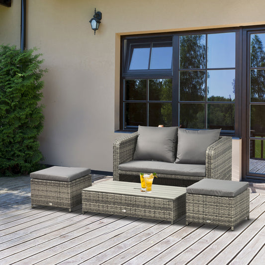 Outsunny Grey Outdoor Wicker Conversation Set - 4-Piece Garden Rattan Sofa, Footstools & Lift Top Coffee Table - ALL4U RETAILER LTD