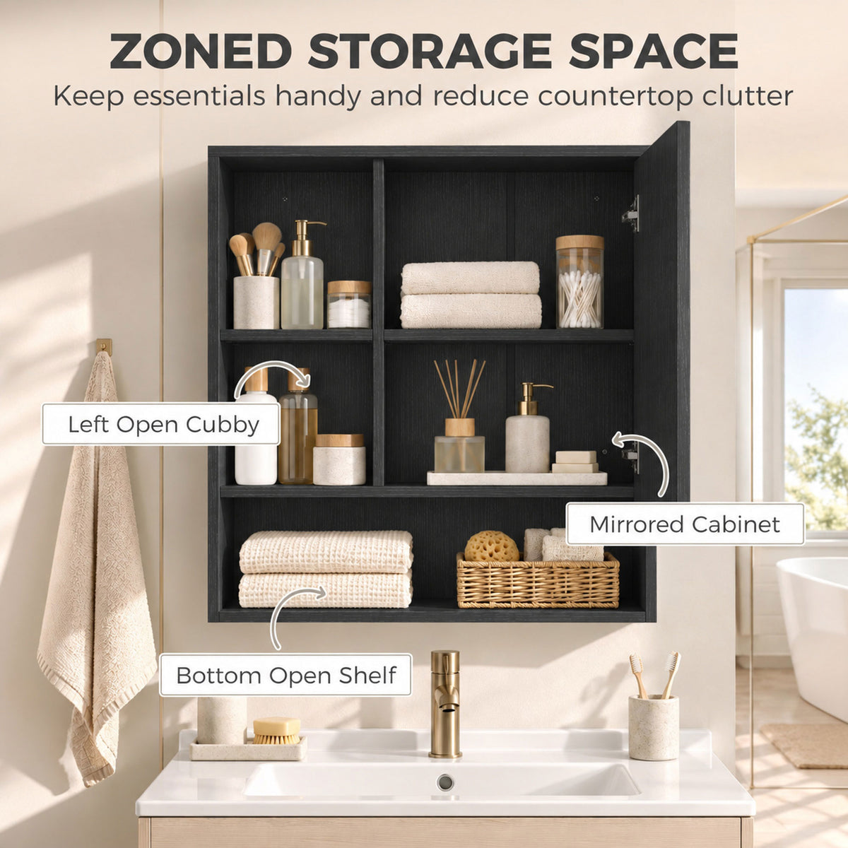 Black bathroom mirror cabinet with zoned storage, mirrored door, and open cubby