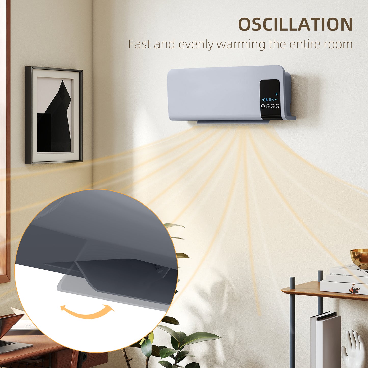 HOMCOM 2000W Wall Mounted Heater With Oscillating Fan For Year Round Heating 18 To 45 Celsius Grey