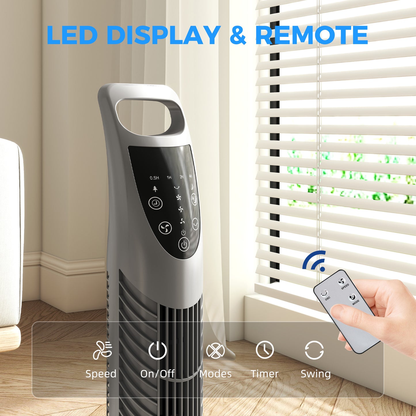 HOMCOM Tower Fan Oscillating With Remote Control 3 Speeds 3 Wind Modes 40W Quiet Grey