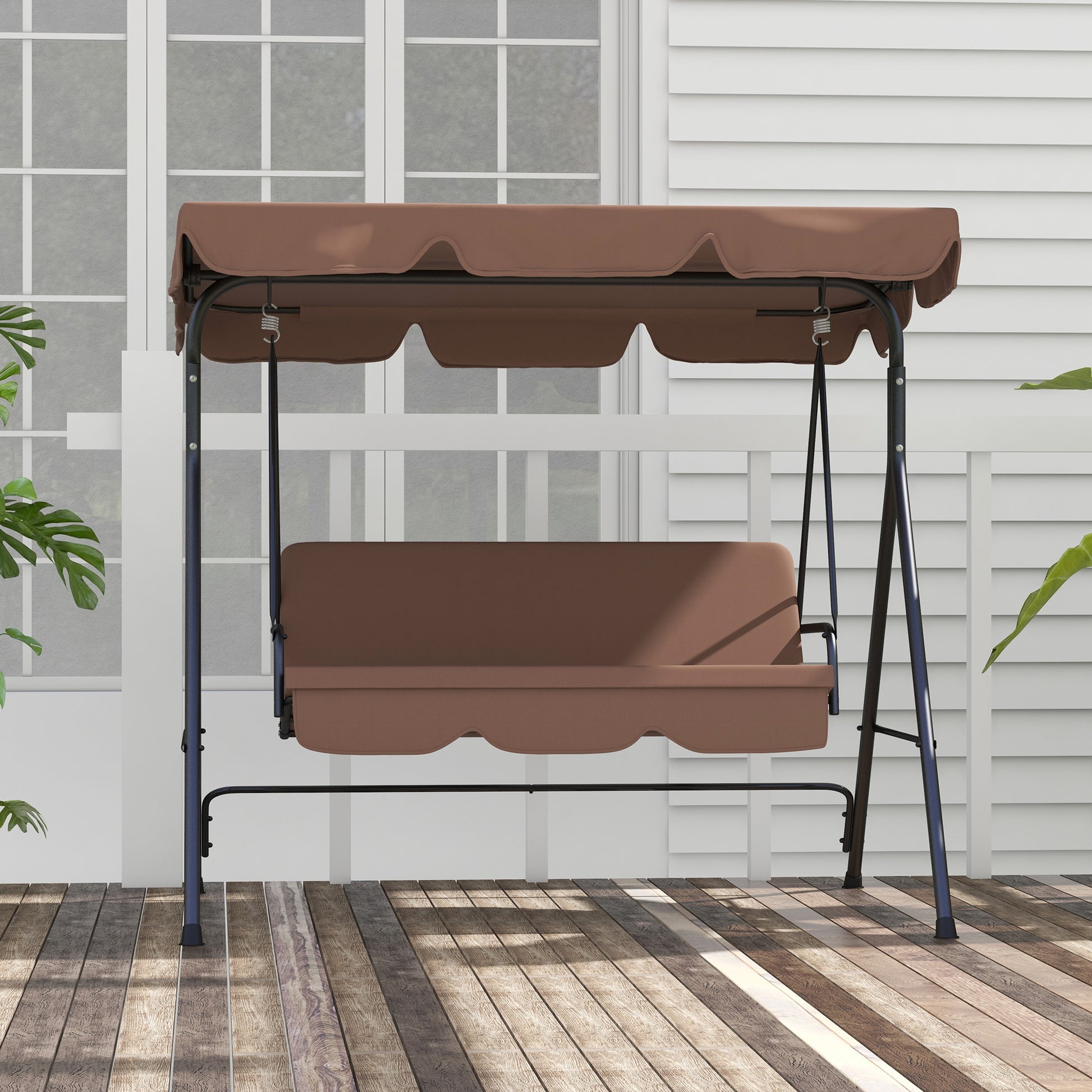 Outsunny 3-Seat Garden Swing Chair with Adjustable Canopy for Patio, Brown - Improve SEO - ALL4U RETAILER LTD