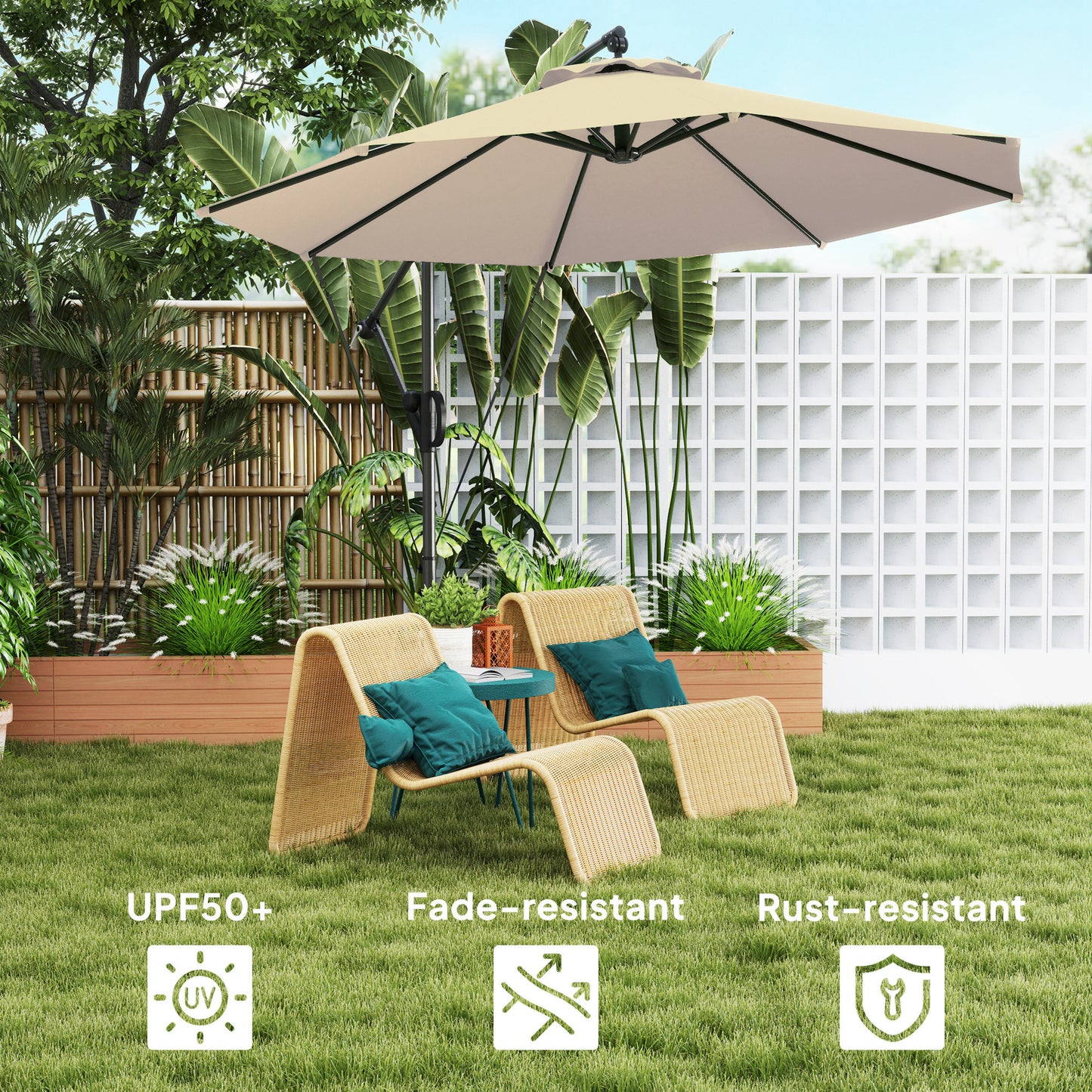 Outsunny 3m Cantilever Garden Parasol With Cover And Wind Protection Strap Overhanging Umbrella Crank Tilt UPF50 Khaki