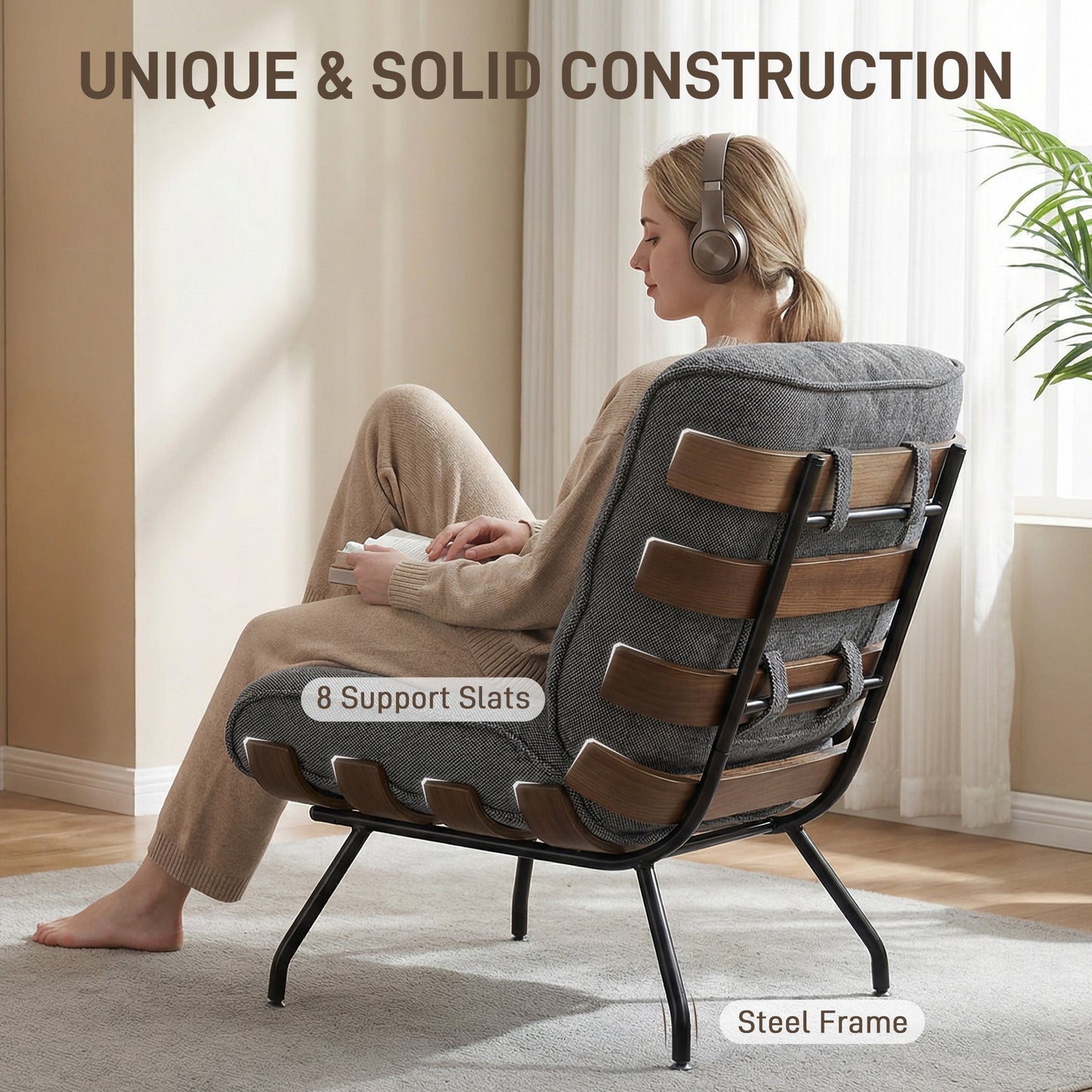 HOMCOM Accent Chair Linen Look Fabric Reading Chair With Pocket Spring Cushions Slatted Support Steel Frame Dark Grey