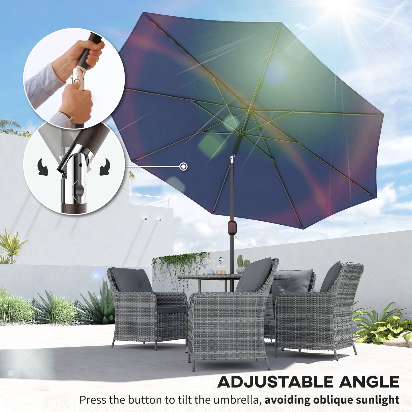 Outsunny 3m Garden Parasol Umbrellas With Tilt And Crank Handle 8 Ribs Navy Blue