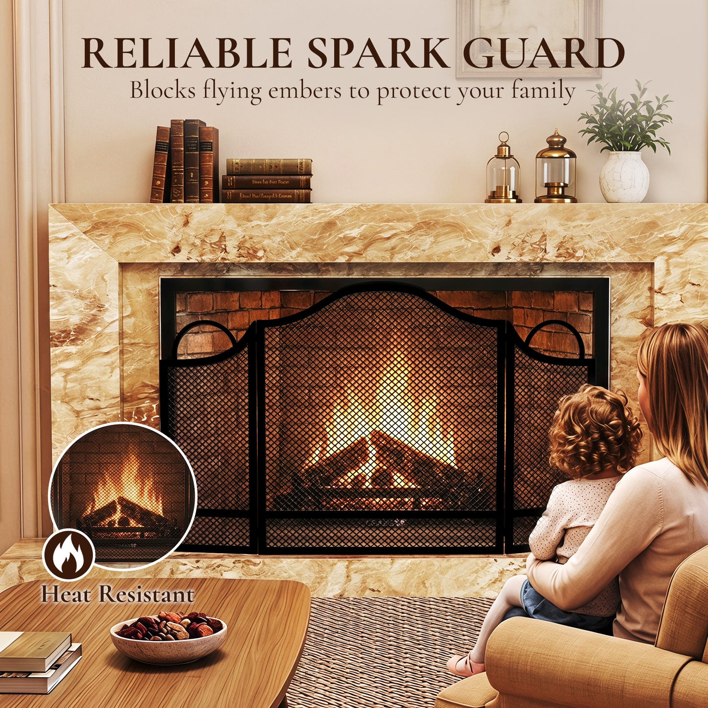 HOMCOM Floral Folding Fireplace Screen Heat Resistant Black