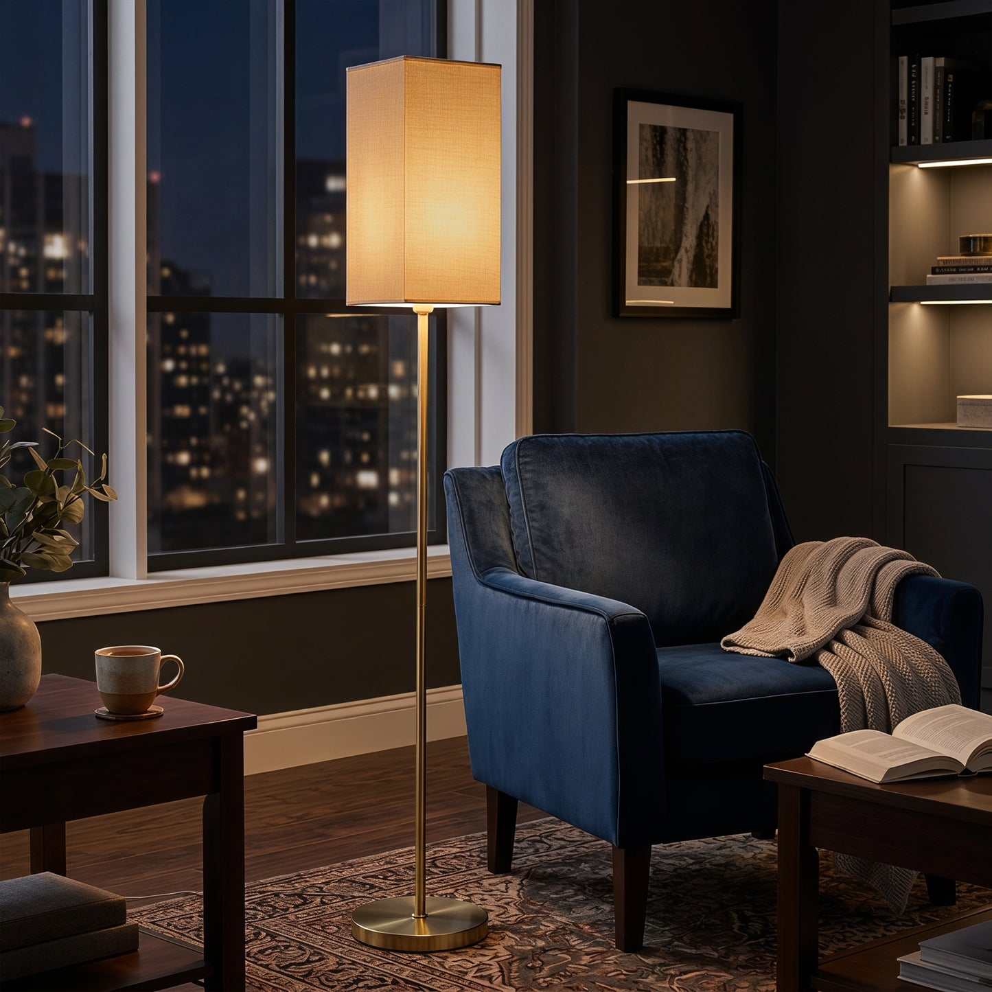 Modern Standing Floor Lamp With Faux Linen Shade And Foot Switch Gold