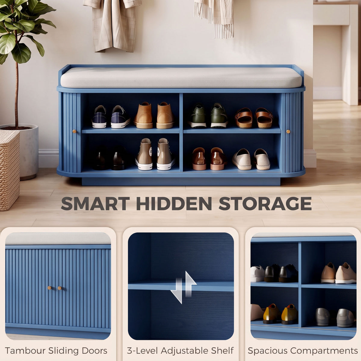 HOMCOM Hallway Storage Unit With Shoe Cabinet Bench And 5 Coat Hooks Blue