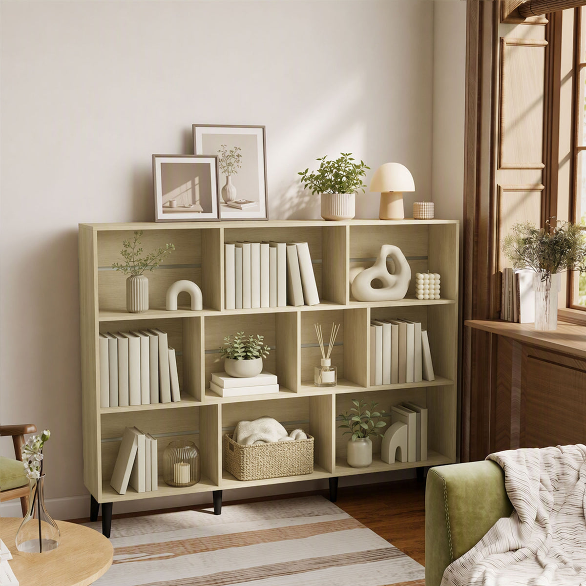 HOMCOM 10 Cube Modern Bookcase With Solid Wood Legs And Anti Tip Kit In Oak
