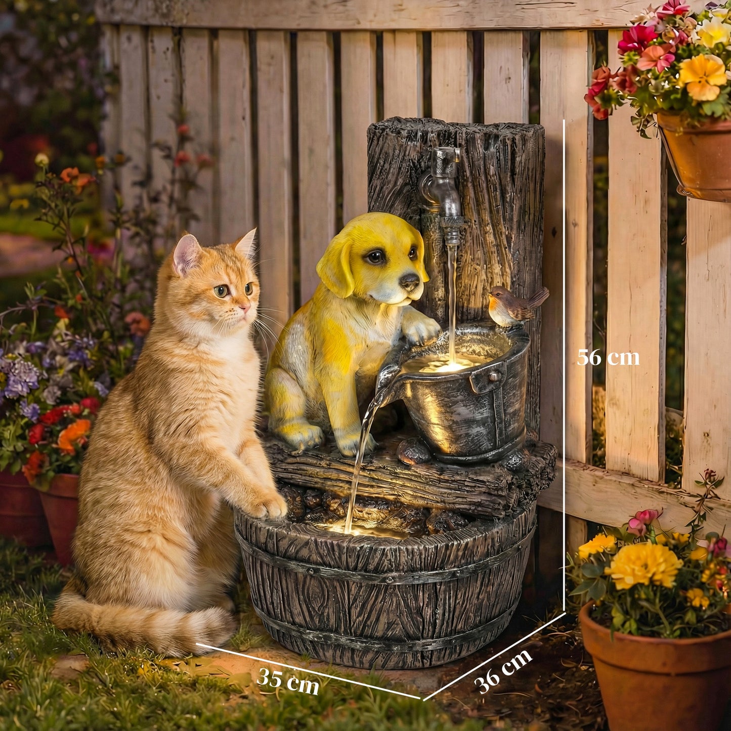 Outsunny 3 Tier Rustic Puppy Garden Water Feature Freestanding Resin With LED Lights Adjustable Flow Rustic Brown