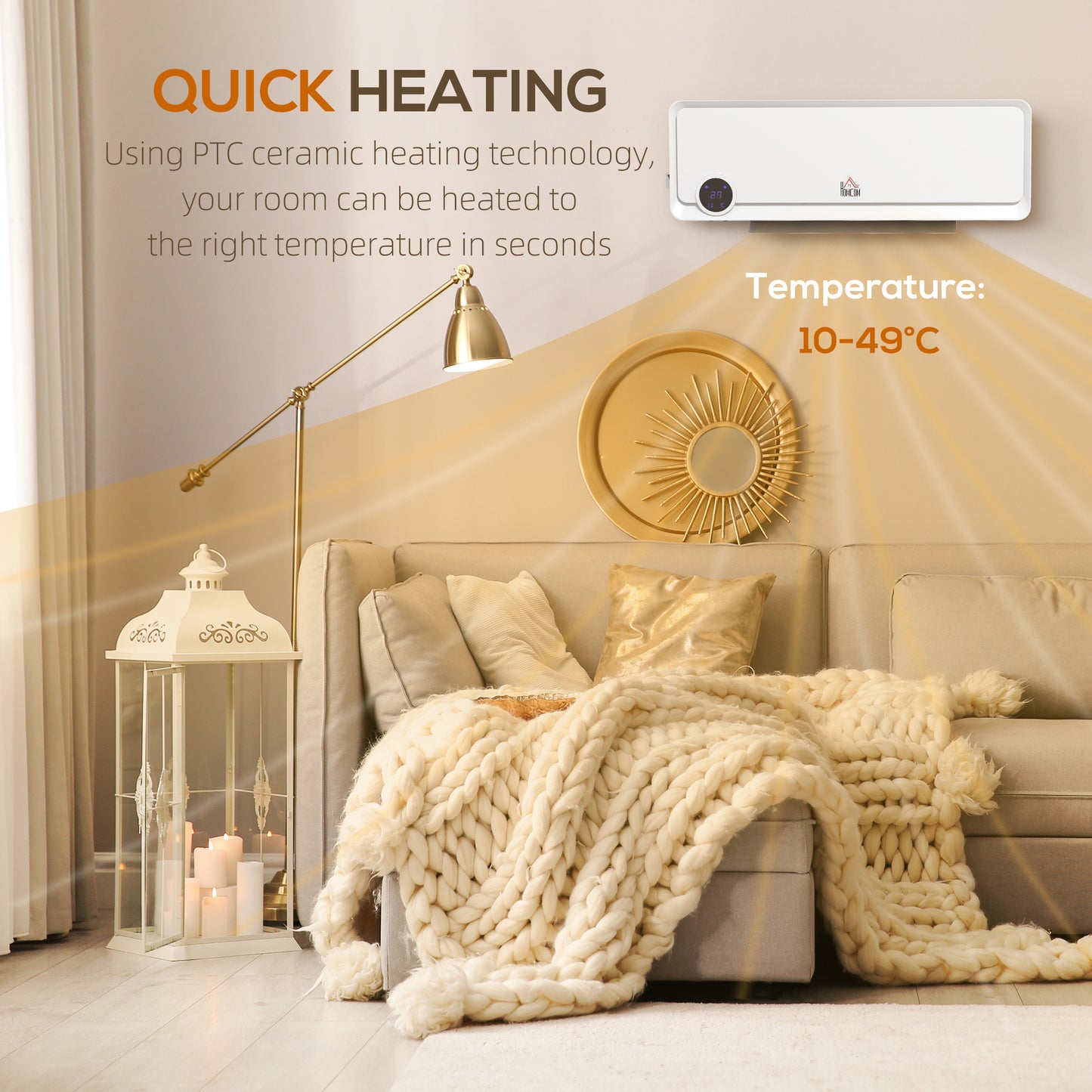 HOMCOM Wall Mounted Downflow Electric Space Heater With Timer Remote Oscillating 1000W 2000W White For Bedroom Office
