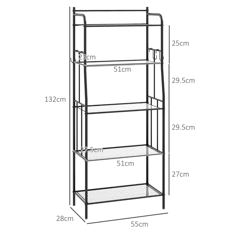 HOMCOM Five-Tier Black Steel Frame Kitchen Storage Shelving Unit with Adjustable Shelves - ALL4U RETAILER LTD