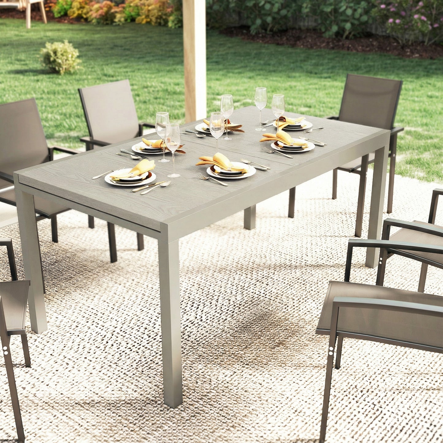 Outsunny Extending Garden Table Aluminium Outdoor Dining For 8 To 10 People With Wood Like Surface Light Grey