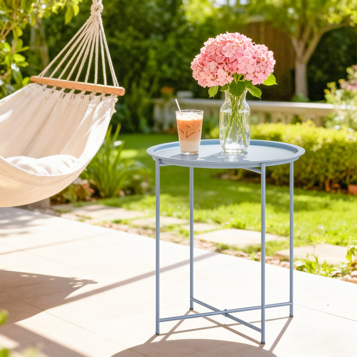 Outsunny Steel Removable Tray Top Garden Table With Folding Legs Blue Grey For Outdoor Patio Balcony