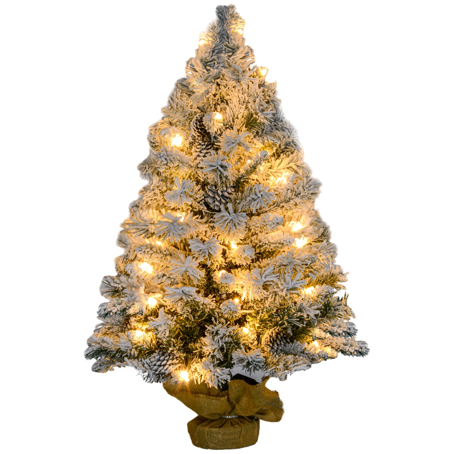 HOMCOM 3ft Flocked Prelit Christmas Tree with Warm White LEDs, Pine Cones, and Concrete Base - ALL4U RETAILER LTD