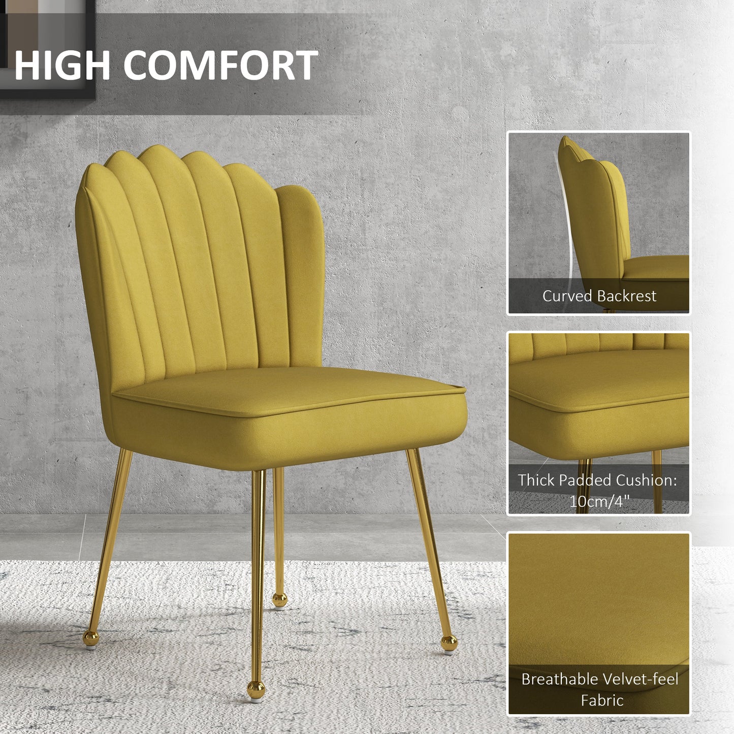 HOMCOM Stylish Yellow Velvet Shell Accent Chair with Gold Legs