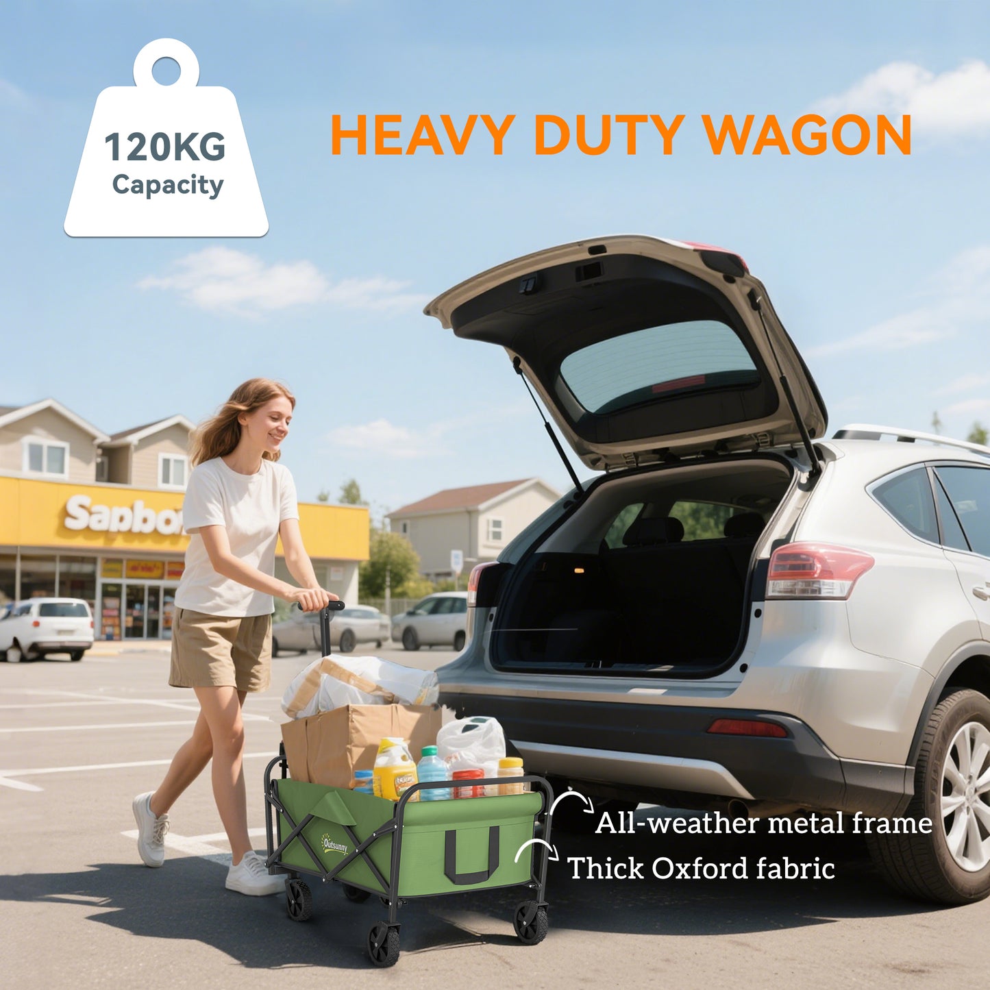 Outsunny 62L Festival Trolley On Wheels Garden Folding Cart Adjustable Handle 120Kg Heavy Duty Collapsible Wagon