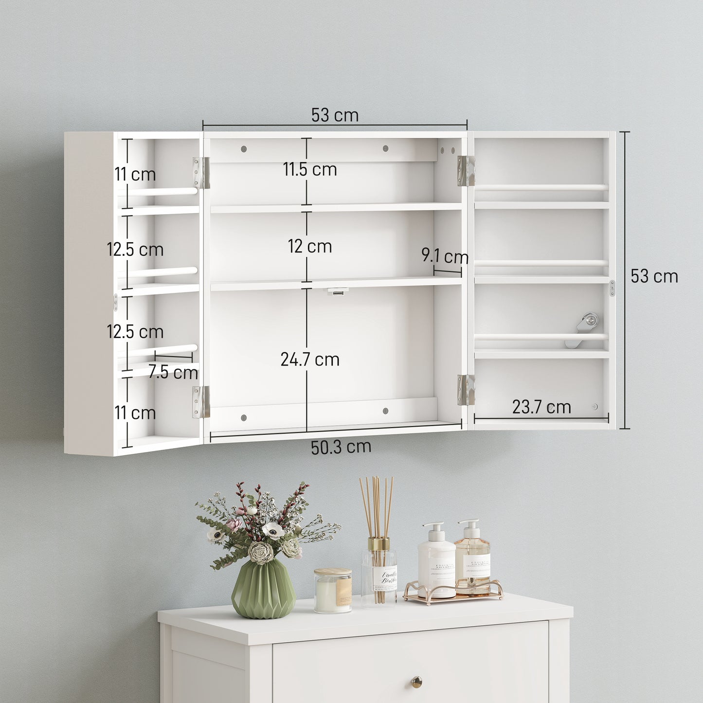 HOMCOM Wall Mount Medicine Cabinet With Lock, 2 Doors, 11 Storage Compartments, 3 Tier First Aid Organizer, White