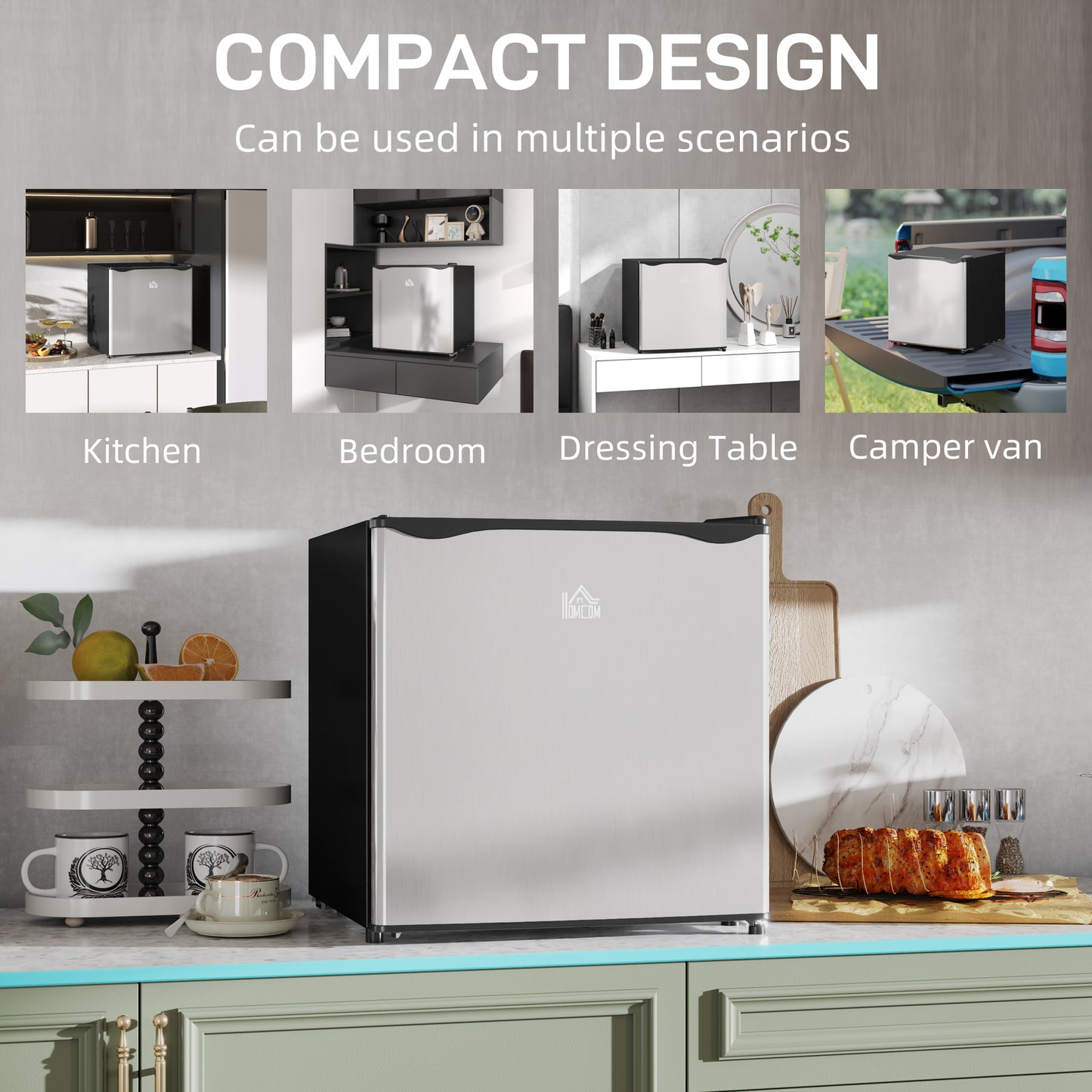 HOMCOM 46 Litre Table Top Mini Fridge with Ice Box Reversible Door Adjustable Temperature and Legs Silver Tone