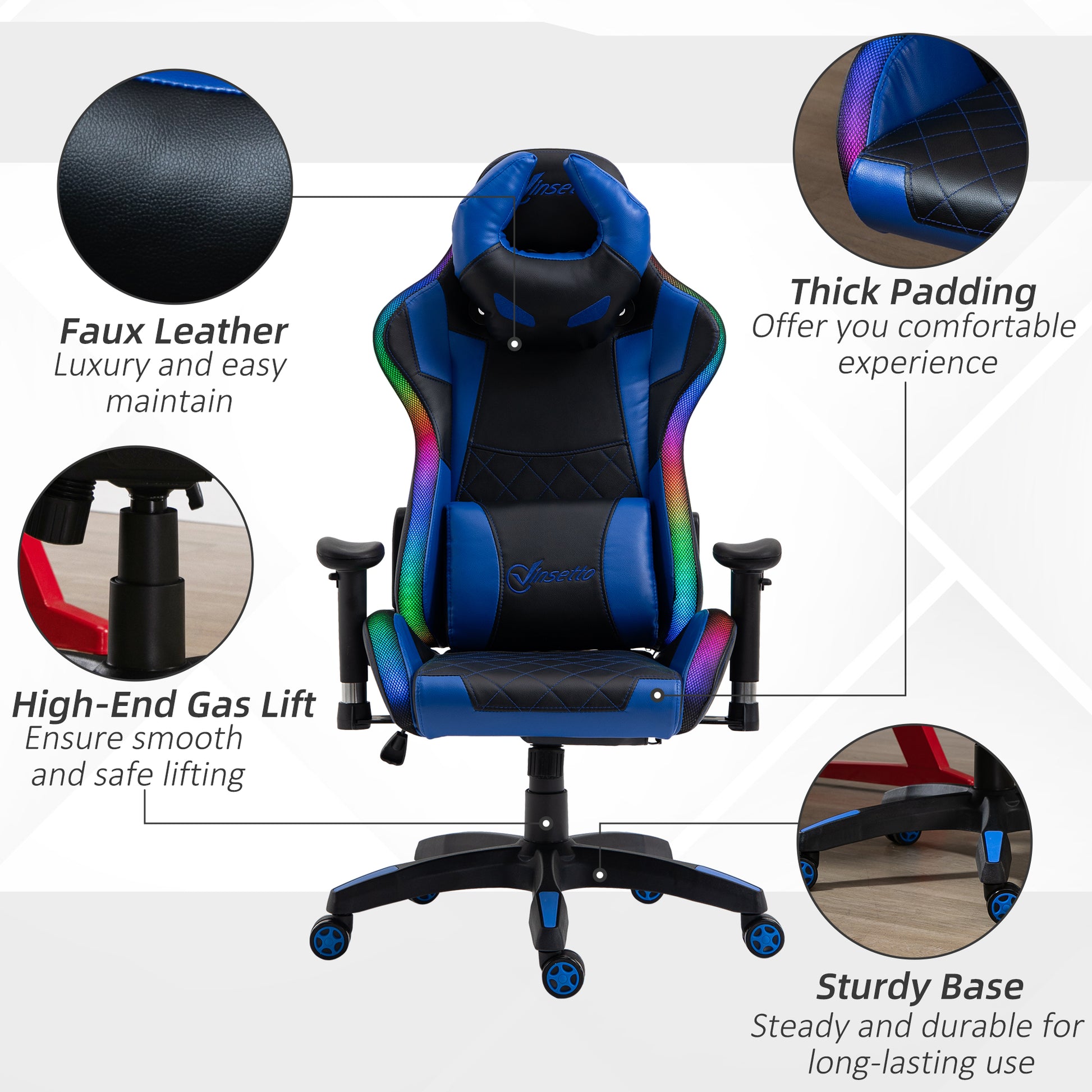 Vinsetto High Back Racing Gaming Chair with RGB LED Lights, Adjustable Lumbar Support, and Swivel Mobility for Home Office - ALL4U RETAILER LTD