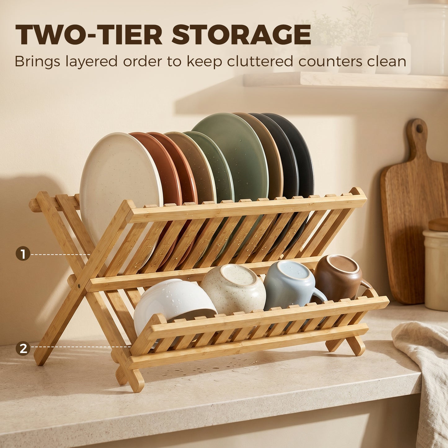 HOMCOM 2 Tier Foldable Bamboo Kitchen Storage Rack With Slatted Drying Shelves Natural Wood Finish