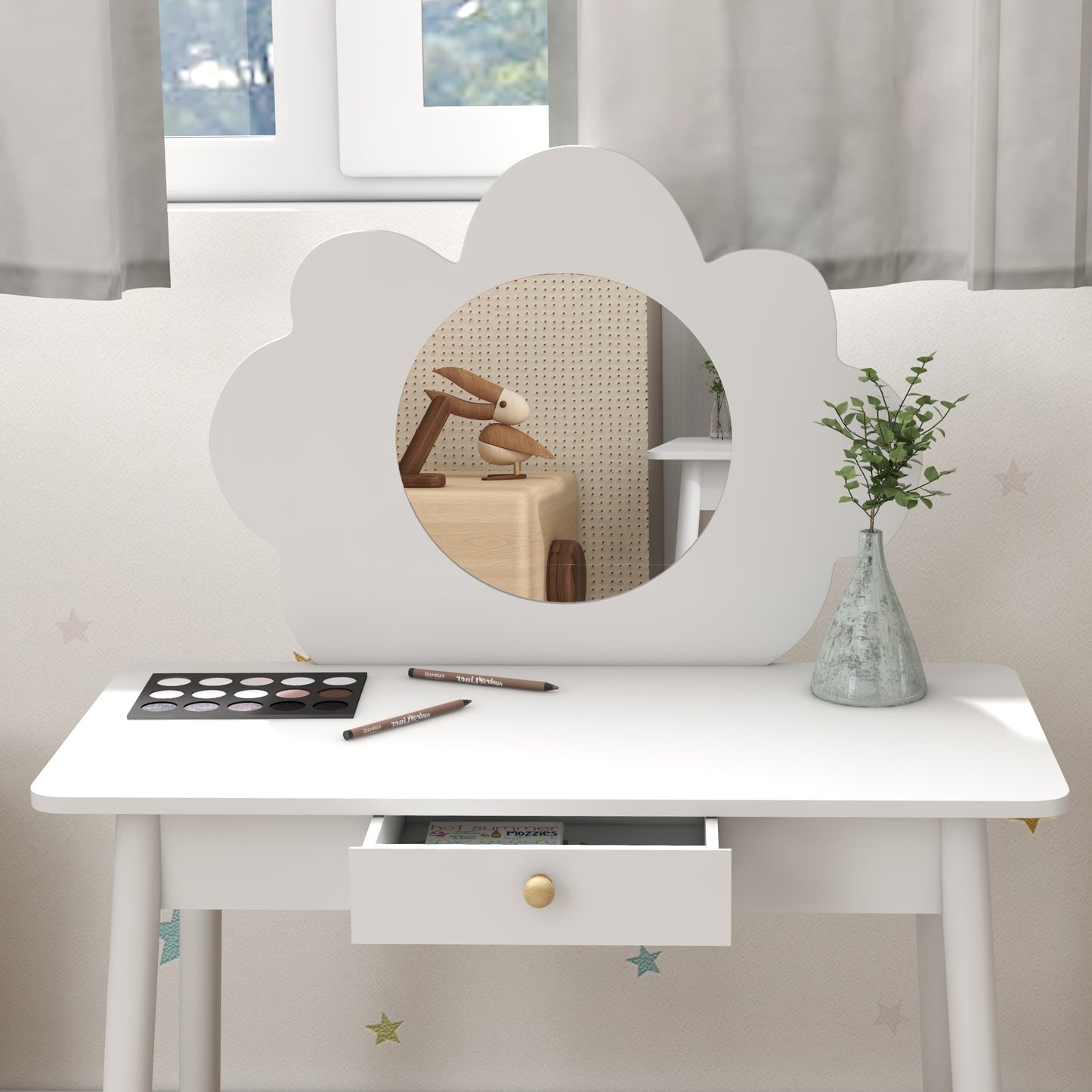 AIYAPLAY Kids Dressing Table Set With Mirror And Stool Drawer Cloud Design White