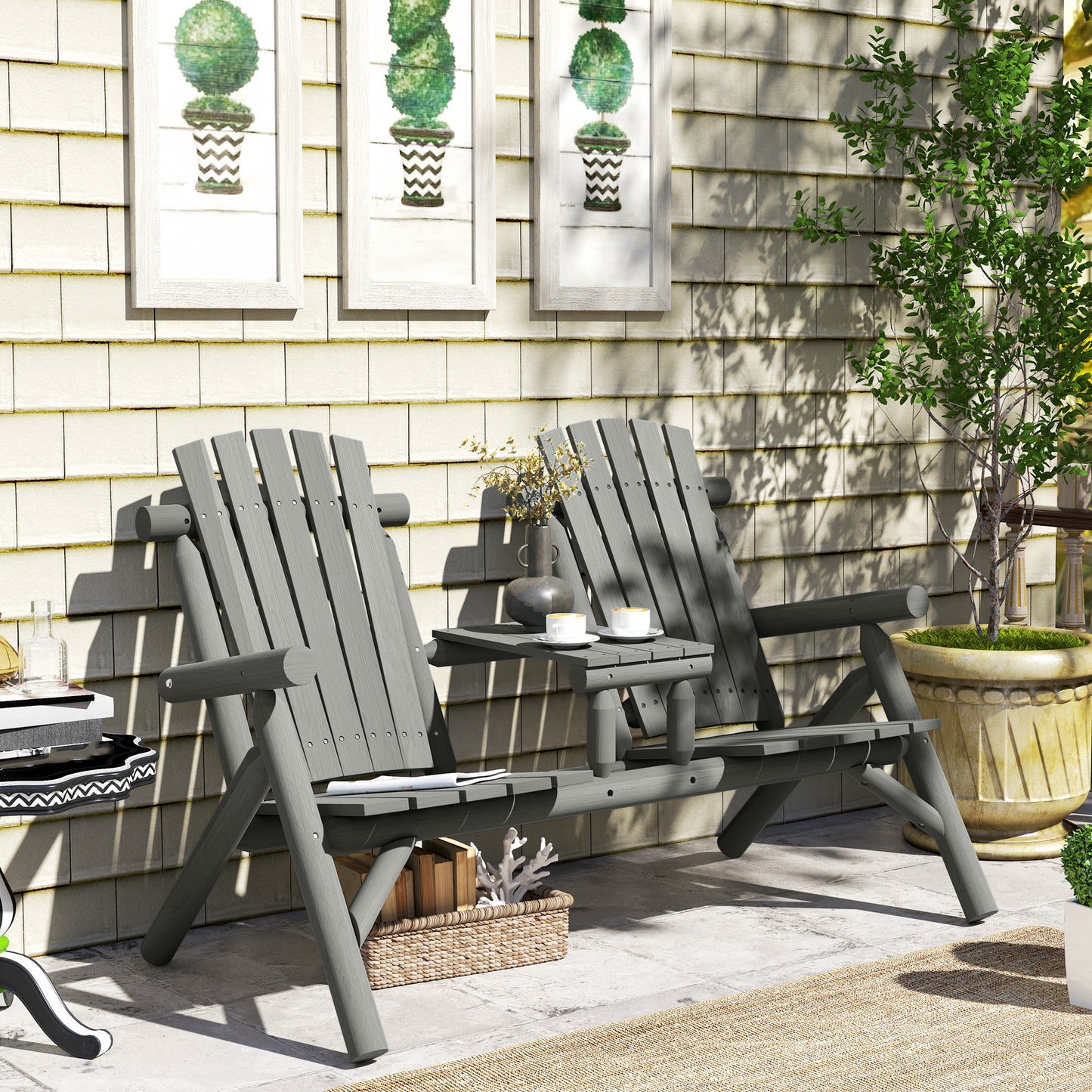 Outsunny Wood Patio Bench For Two With Center Coffee Table Grey Garden Outdoor Seating