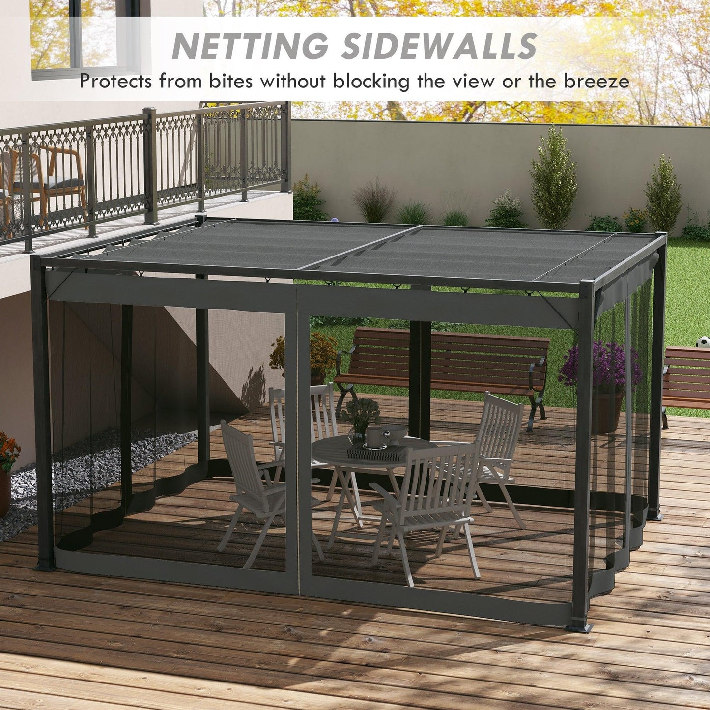 Outsunny 3 x 4m Retractable Pergola, Garden Gazebo Shelter with Nettings, for Grill, Patio, Deck, Dark Grey - ALL4U RETAILER LTD