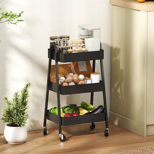 HOMCOM Three Tier Storage Trolley On Wheels With Mesh Bottom Trays For Kitchen Home Office Black