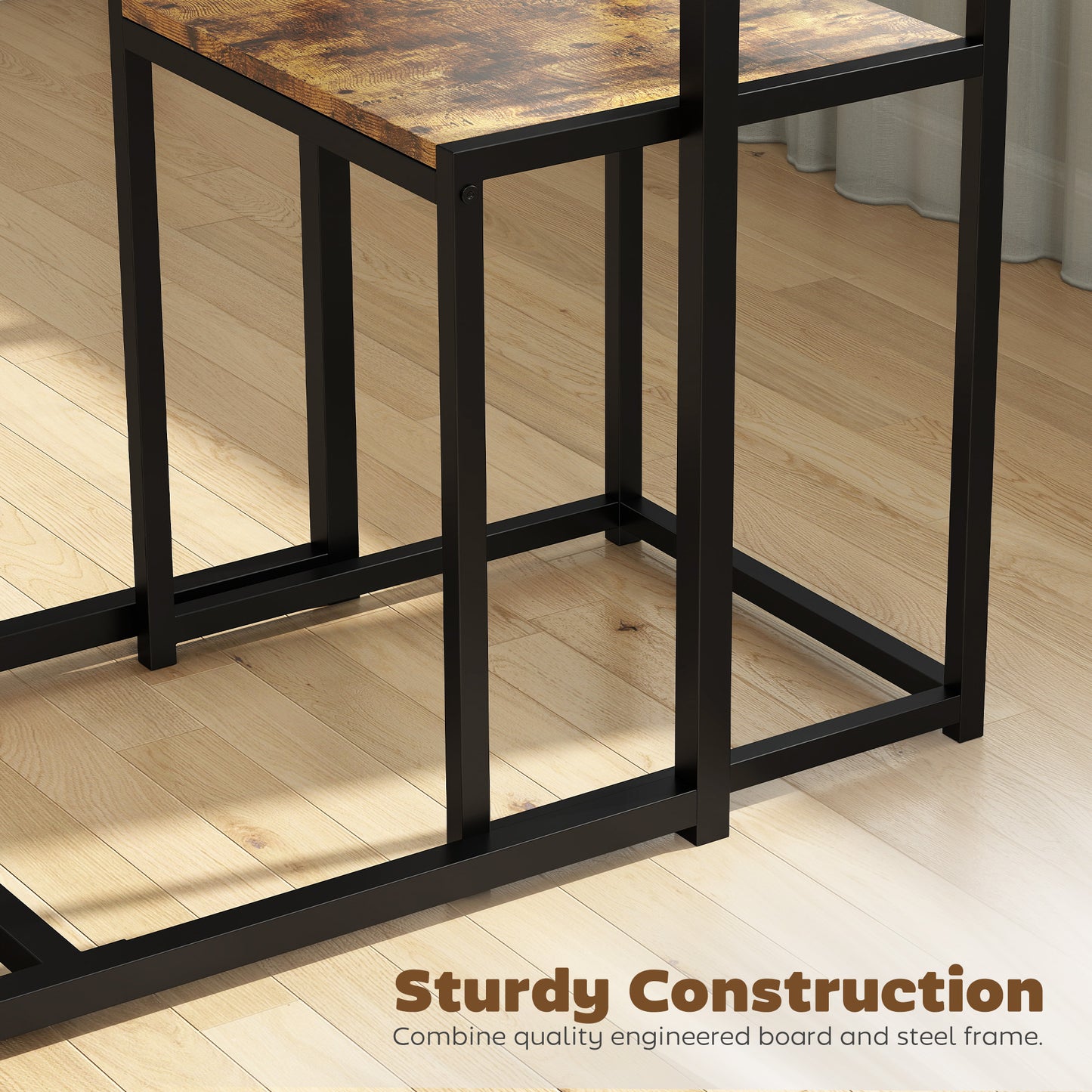 HOMCOM 3 Piece Table And Stool Set Rustic Brown For Kitchen Dining With Steel Frame And Chestnut MDF Panels