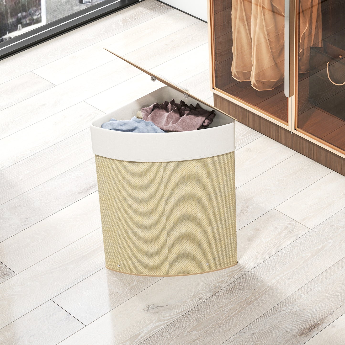 HOMCOM Bamboo Laundry Basket With Lid 55L Corner Hamper Removable Washable Liner Bag Triangle Basket Nature Wood Finish
