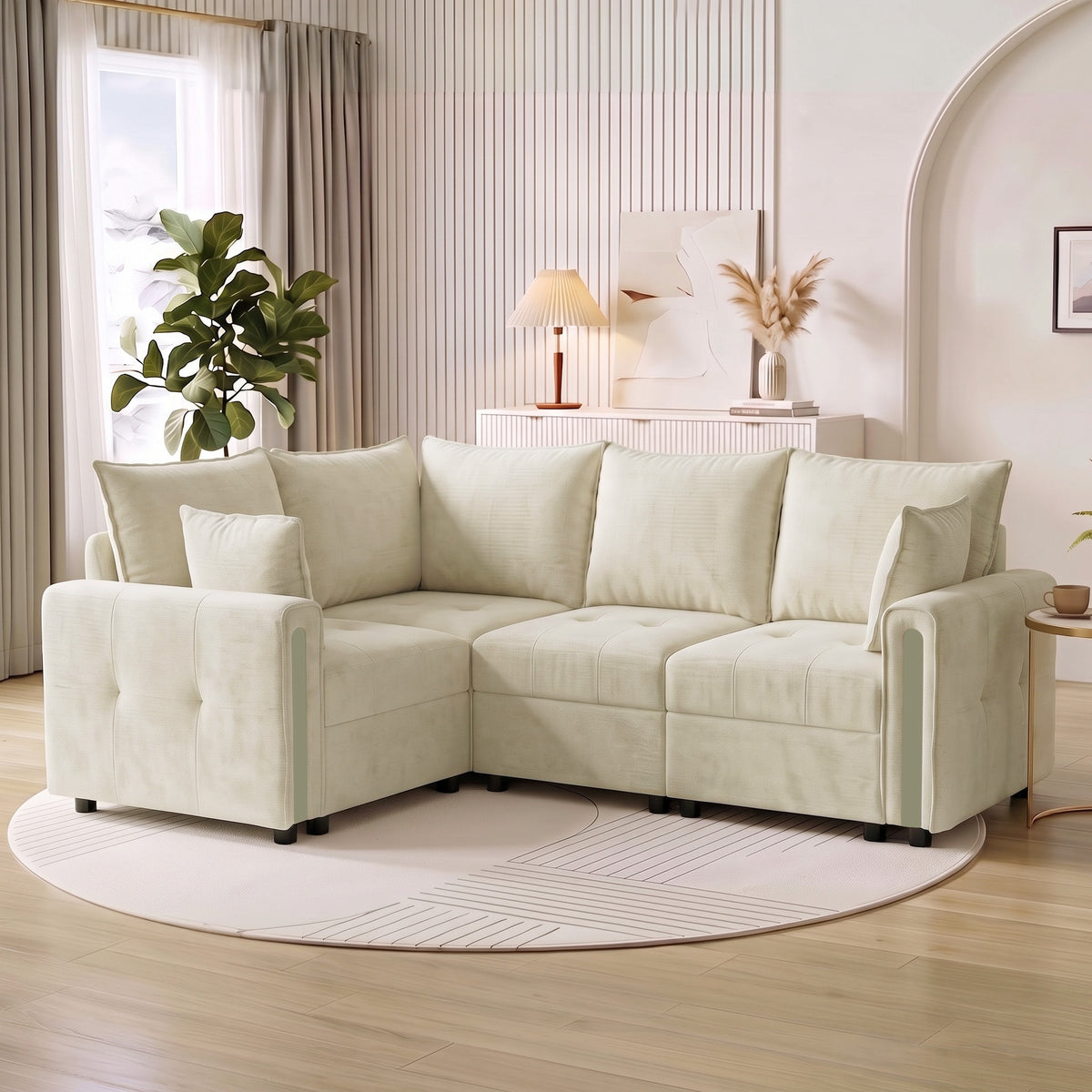 Beige L-shaped 3-seat sofa with plush cushions and square armrests