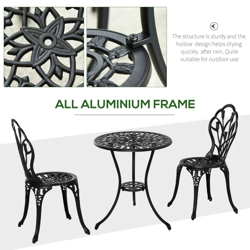 Outsunny 3-Piece Aluminum Floral Bistro Garden Set - Black