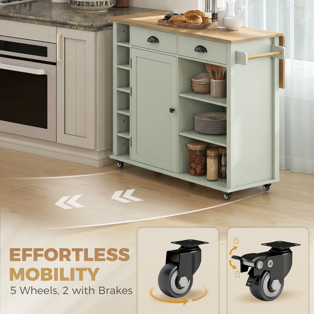Light green kitchen island with open side shelves, towel bar, and caster wheels