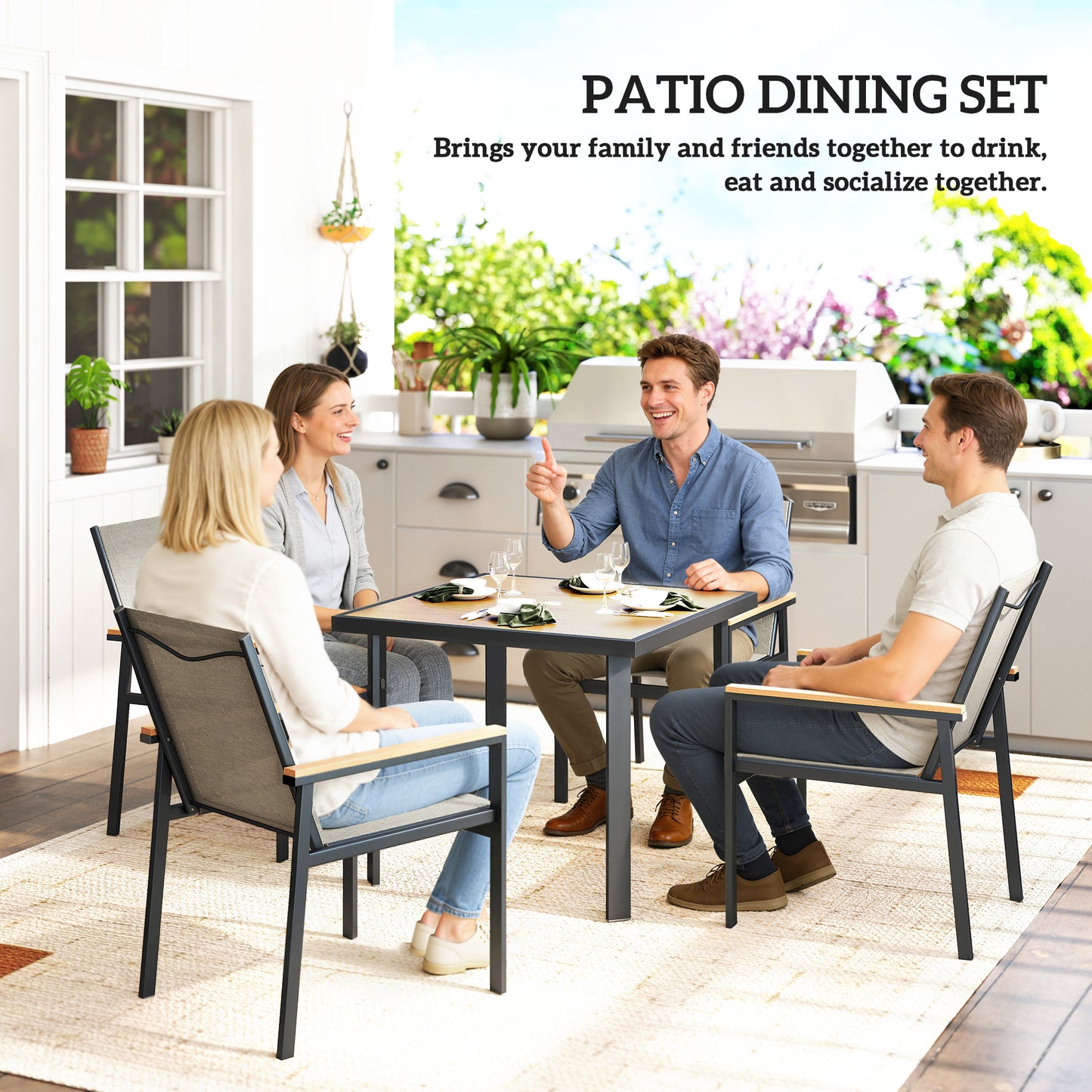 Outsunny Five Piece Metal Outdoor Dining Set With Glass Top Square Table In Khaki