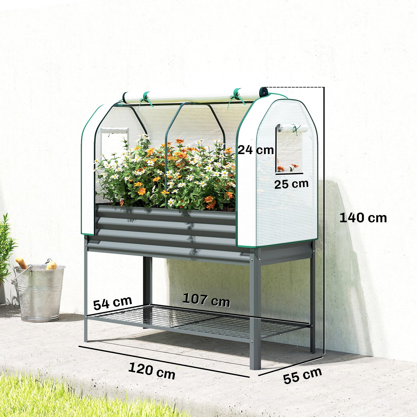 Outsunny Galvanised Raised Planter With Greenhouse Cover On Legs Metal Garden Bed With Bed Liner And Bottom Shelf