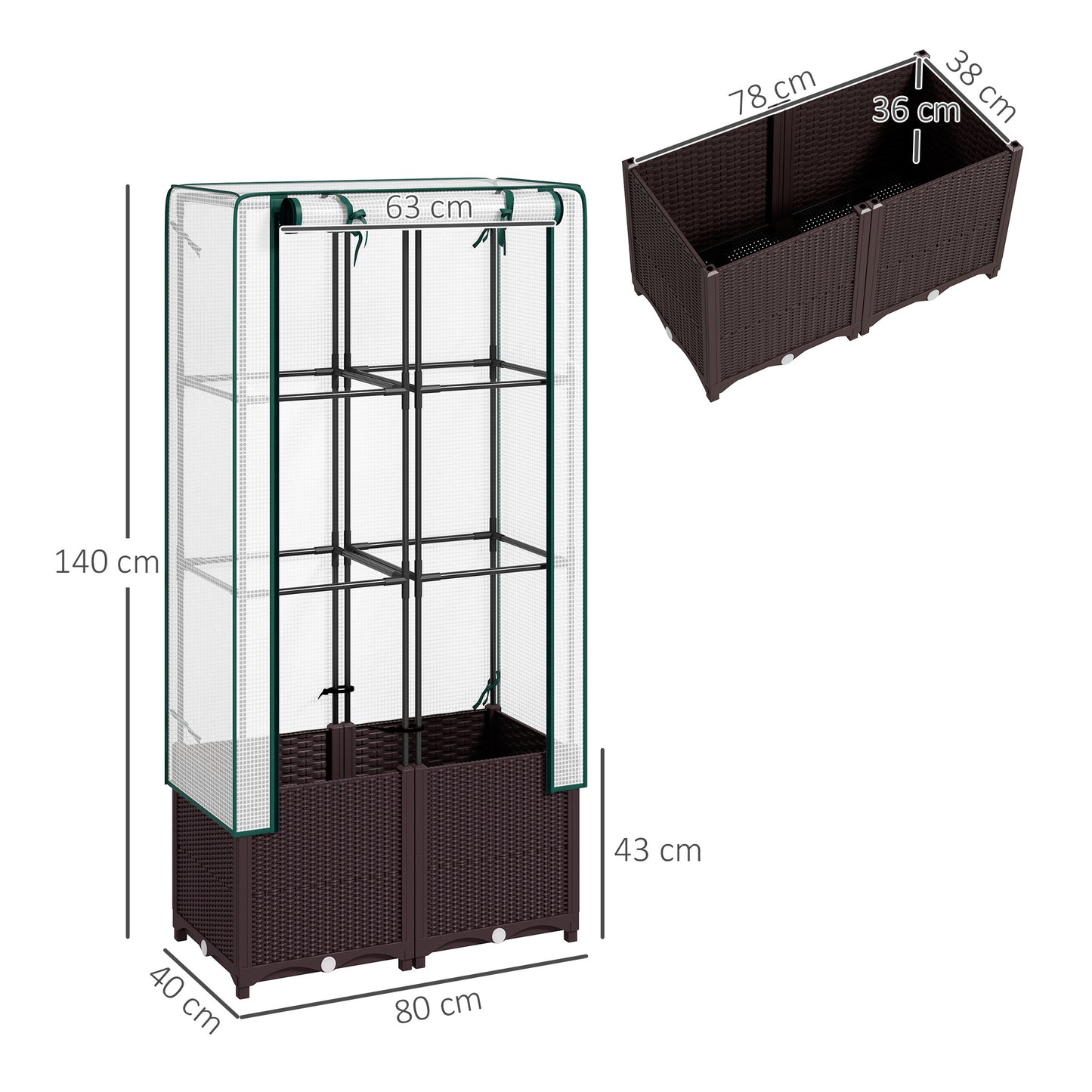 Outsunny Raised Garden Bed With Trellis Plastic Planter Box PE Cover 80 X 40 X 140 cm For Climbing Plants Flowers