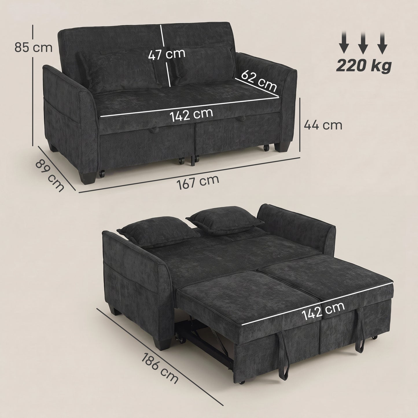 HOMCOM 2 Seater Sofa Bed 4 In 1 L Shaped Convertible Pull Out Sleeper With Adjustable Back And Side Pockets Black