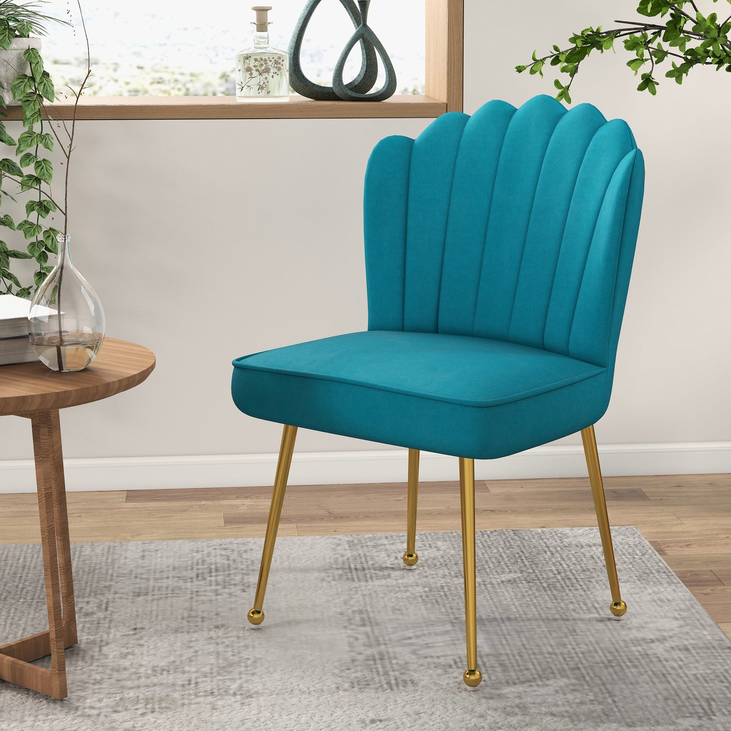 HOMCOM Elegant Blue Velvet Shell Accent Chair with Gold Legs