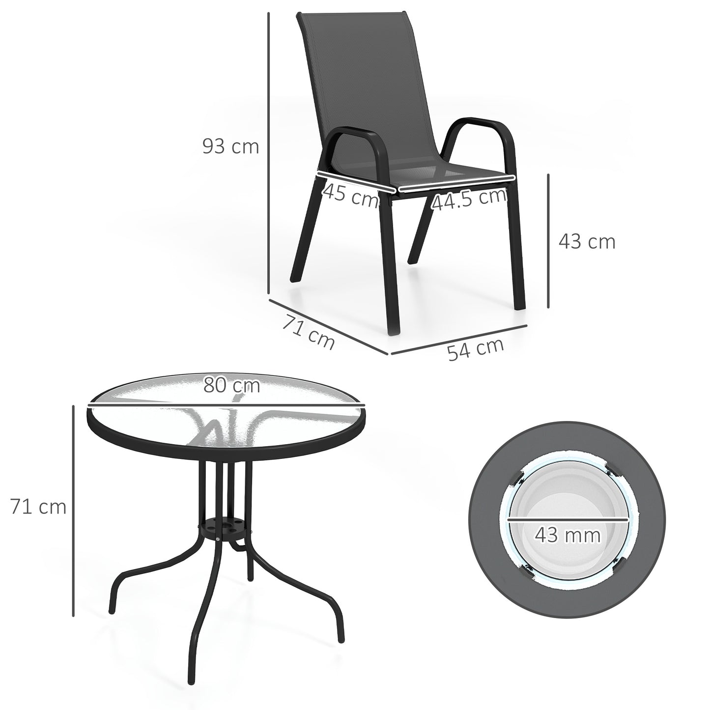 Outsunny Five Piece Steel Outdoor Patio Set With Round Glass Top Table And Stackable Chairs Black