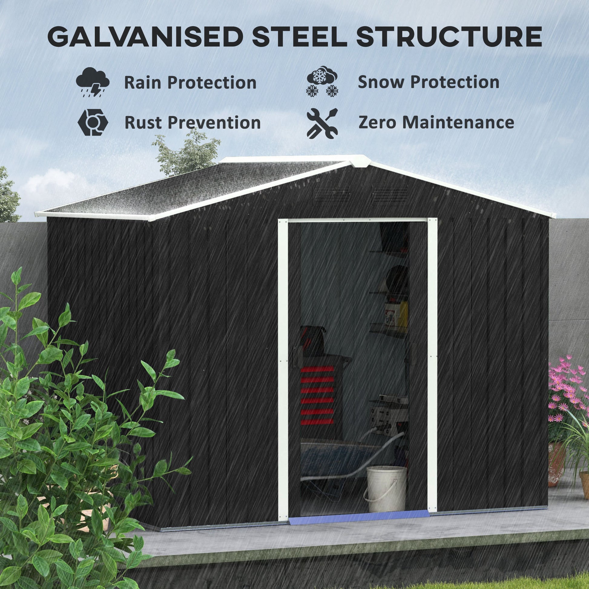 Outsunny 8x6ft Galvanised Steel Garden Shed with Double Doors and Ventilation Windows - Grey Outdoor Tool Storage - ALL4U RETAILER LTD