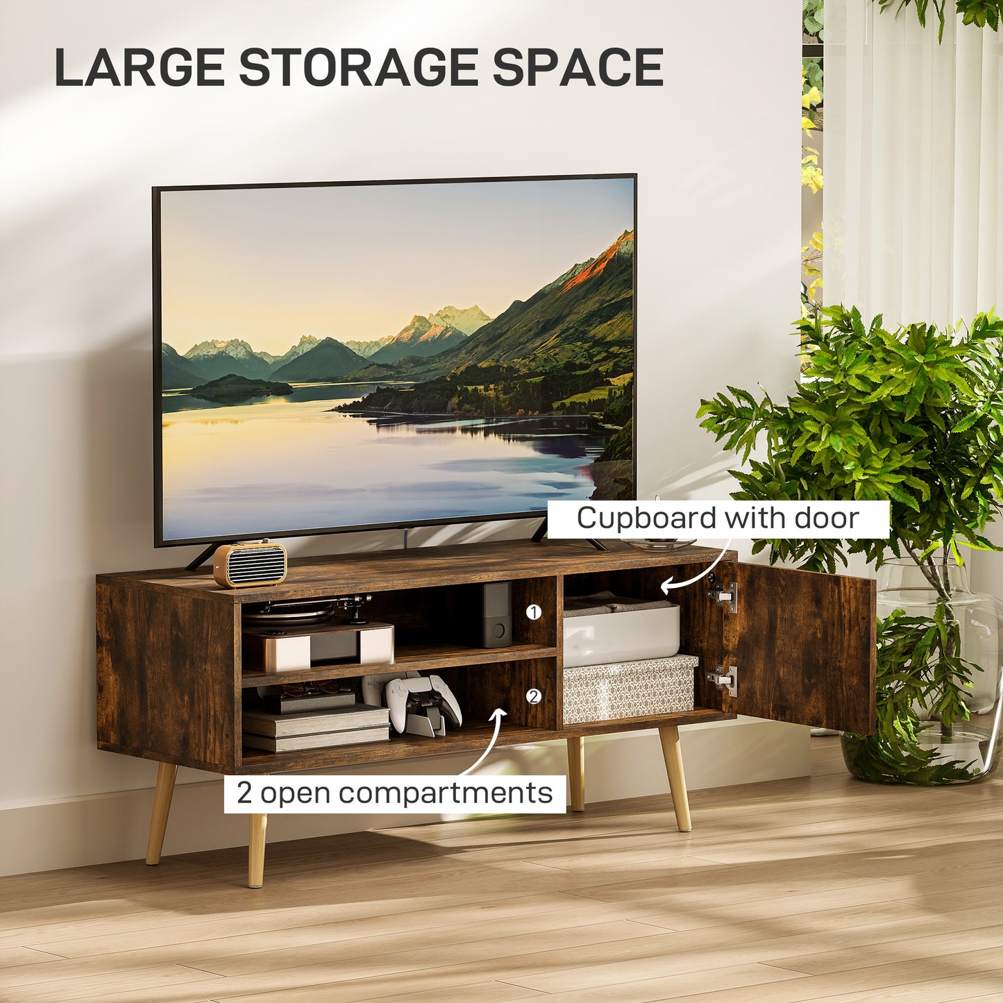 HOMCOM TV Stand For 55 Inch TVs With Open Shelves And Cable Holes Brown Finish Two Storage Shelves And Cupboard