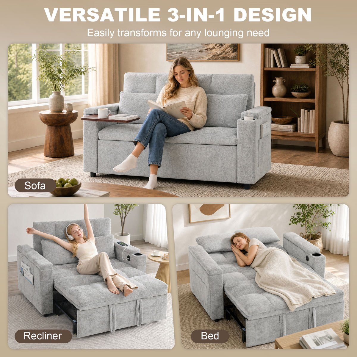 Grey convertible 3-in-1 sofa bed with armrest storage and hidden table