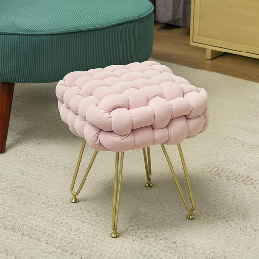 HOMCOM Velvet Feel Bold Cross Woven Footstool Pink for Living Room Bedroom Hallway and Office
