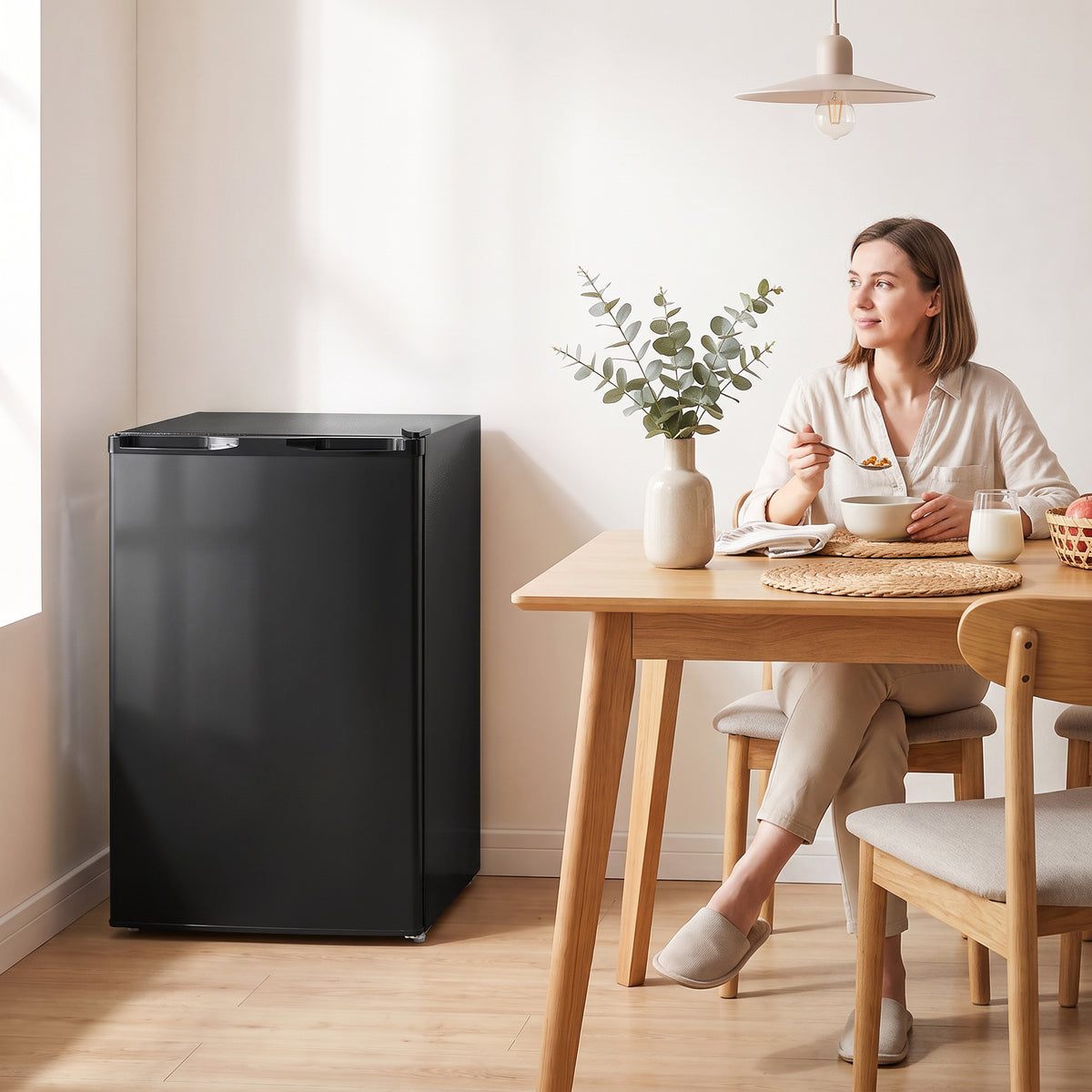 Black compact upright freezer standing beside a dining table