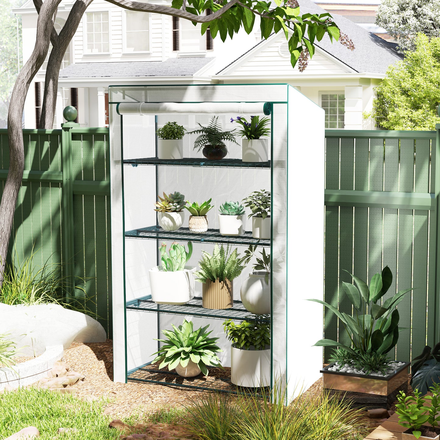 Outsunny Four Tier Mini Greenhouse Green And White With Four Shelves And Roll Up Door