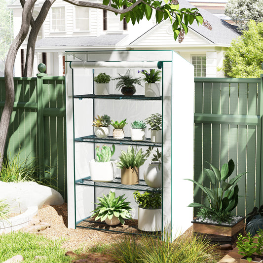Outsunny Four Tier Mini Greenhouse Green And White With Four Shelves And Roll Up Door